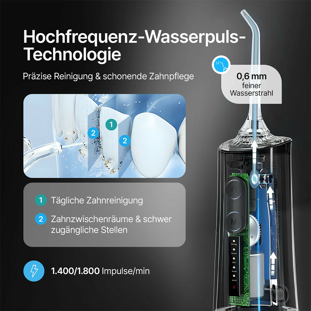 Kabellose Munddusche für optimale Zahn- & Mundpflege / 5 Modi & 8 Düsen / 300 ml Wassertank / IPX7 Wasserdicht / Munddusche für Zahnfleisch