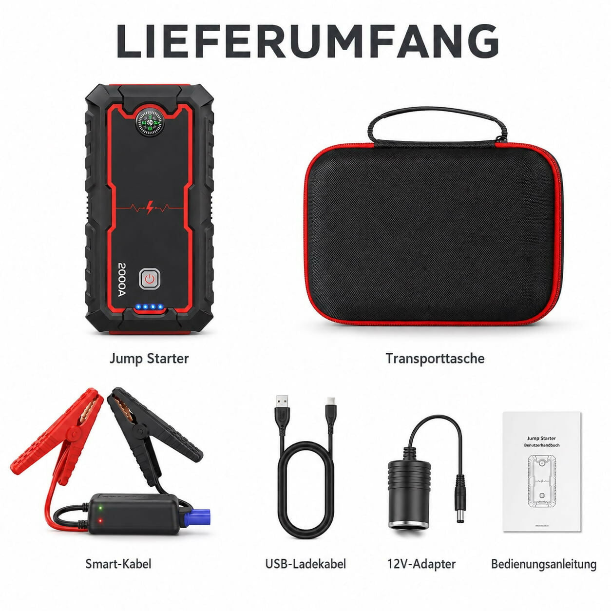 Auto-Starthilfe V1 Pro — 2000A Jump Starter mit Powerbank & LED-Notleuchte
