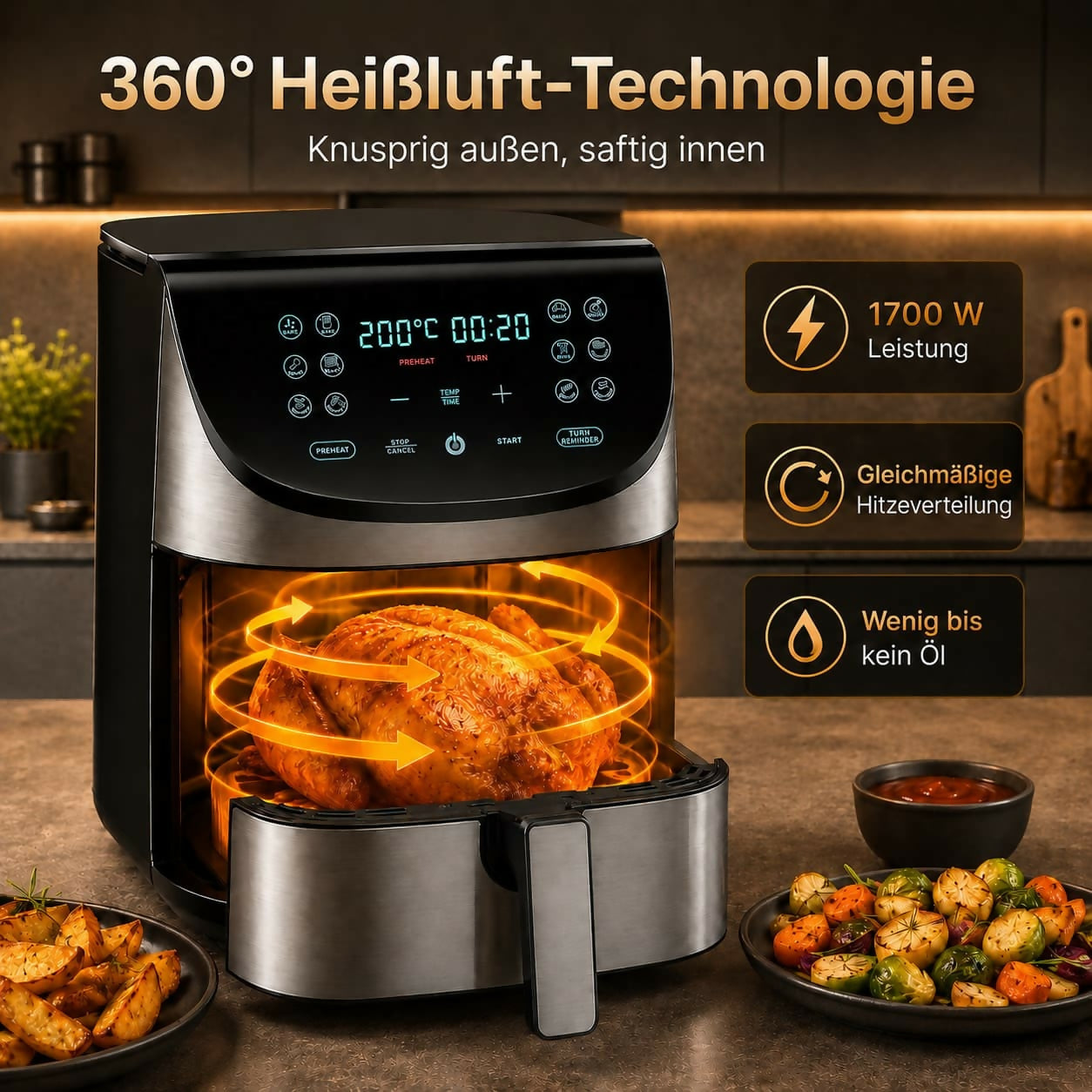 Oryzom AirCrisp Pro – 360° Heißluft-Technologie mit 1700 W für schnelle und gesunde Mahlzeiten