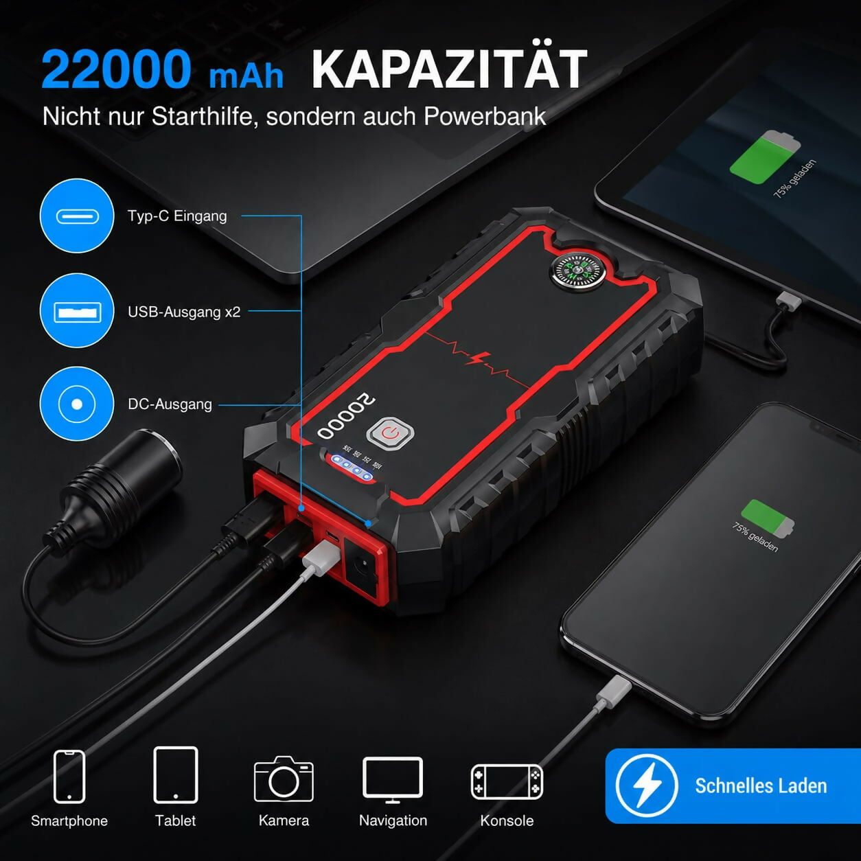 Auto-Starthilfe V1 Pro — 2000A Jump Starter mit Powerbank & LED-Notleuchte