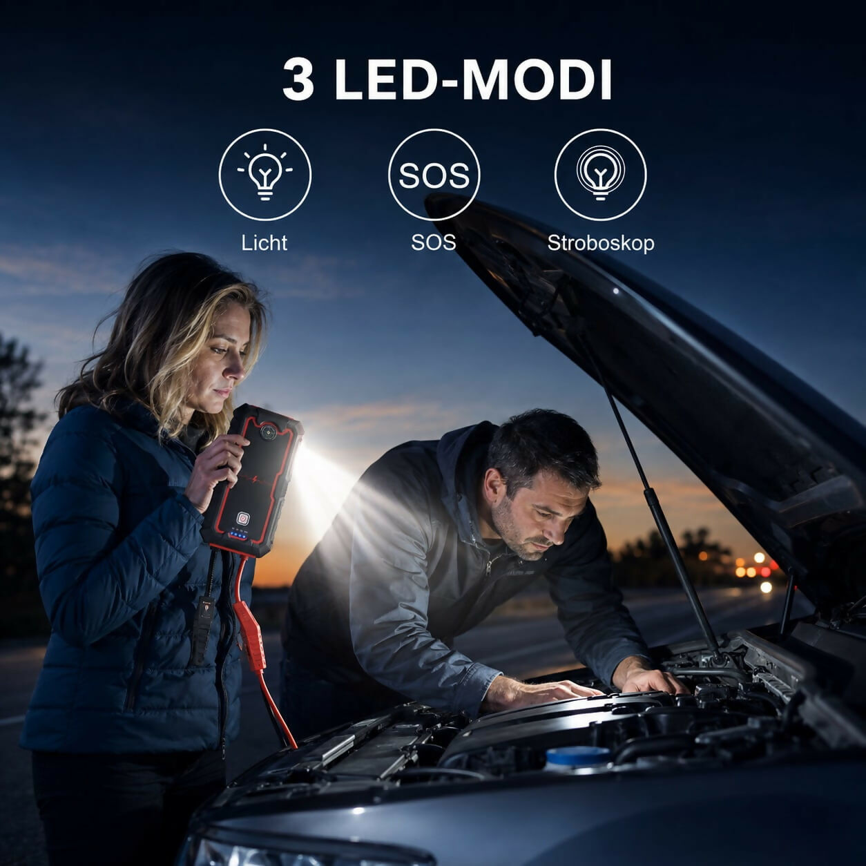 Auto-Starthilfe V1 Pro — 2000A Jump Starter mit Powerbank & LED-Notleuchte
