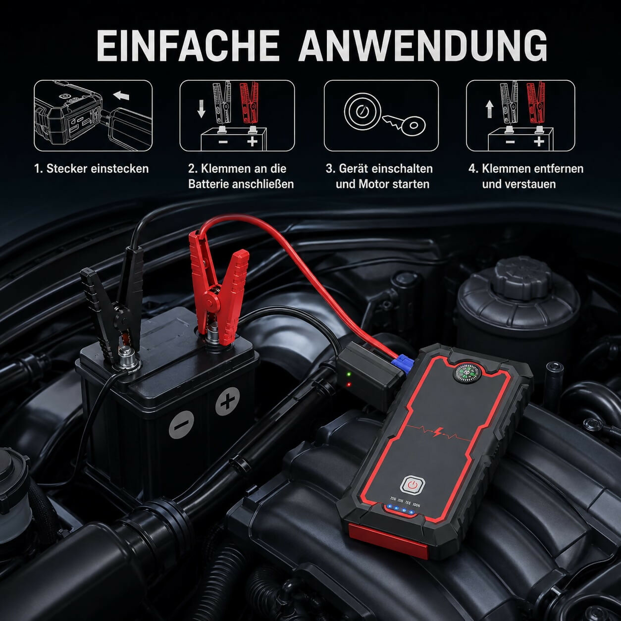 Auto-Starthilfe V1 Pro — 2000A Jump Starter mit Powerbank & LED-Notleuchte