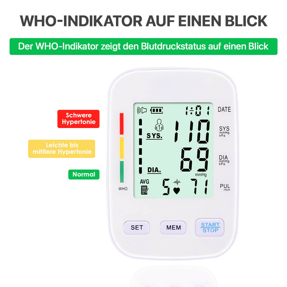 Vollautomatisches Oberarm-Blutdruckmessgerät mit digitalem Display / Mit komfortabler Manschette und Speicherfunktion / Blutdruck- und Pulsmessung